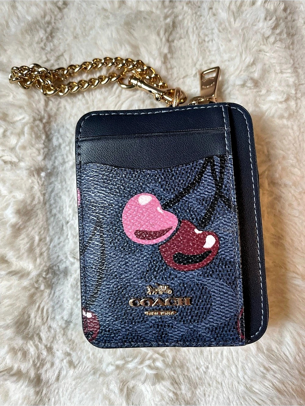 Coach Zip Card Case with Cherry Print in Blue & Pink